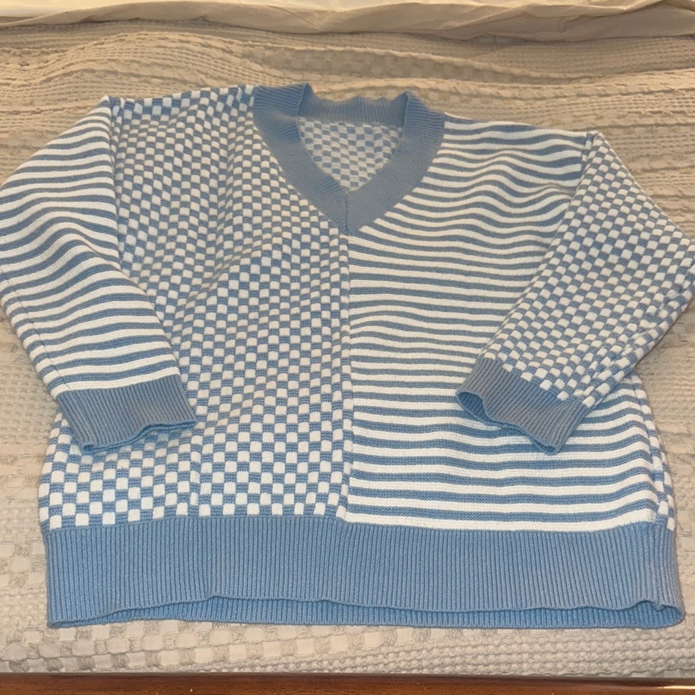 Blue and White Women’s Checkered Sweater